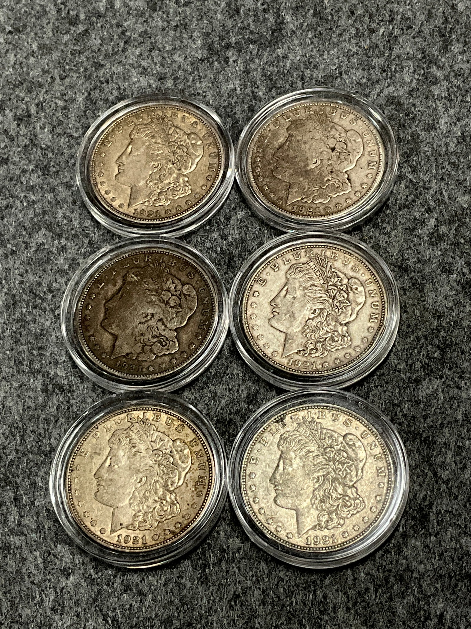 LOT OF 6 1921 MORGAN DOLLARS: VARIOUS MINT MARKS
