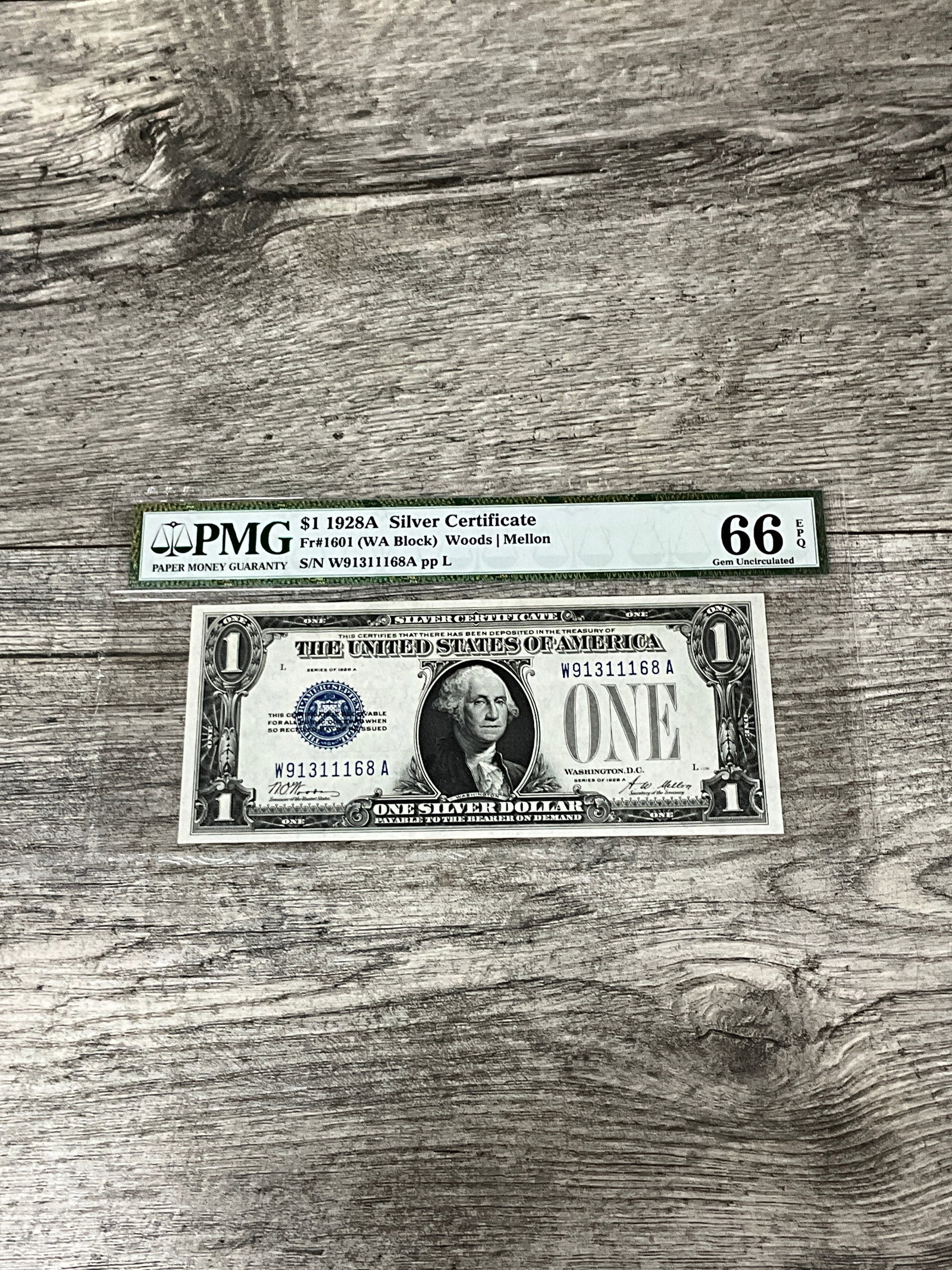 1928-A SILVER CERT. $1 NOTE: 66 EPQ GEM UNC.