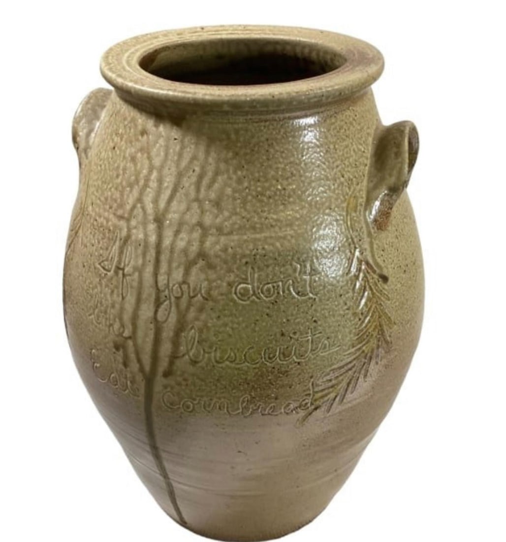 PAMELA OWEN'S JUGTOWN POTTERY JAR: LARGE 16"T, SALTGLAZE JAR, LUG HANDLES, ENGRAVED "IF YOU DON’T LIKE BISCUITS, EAT CORNBREAD."