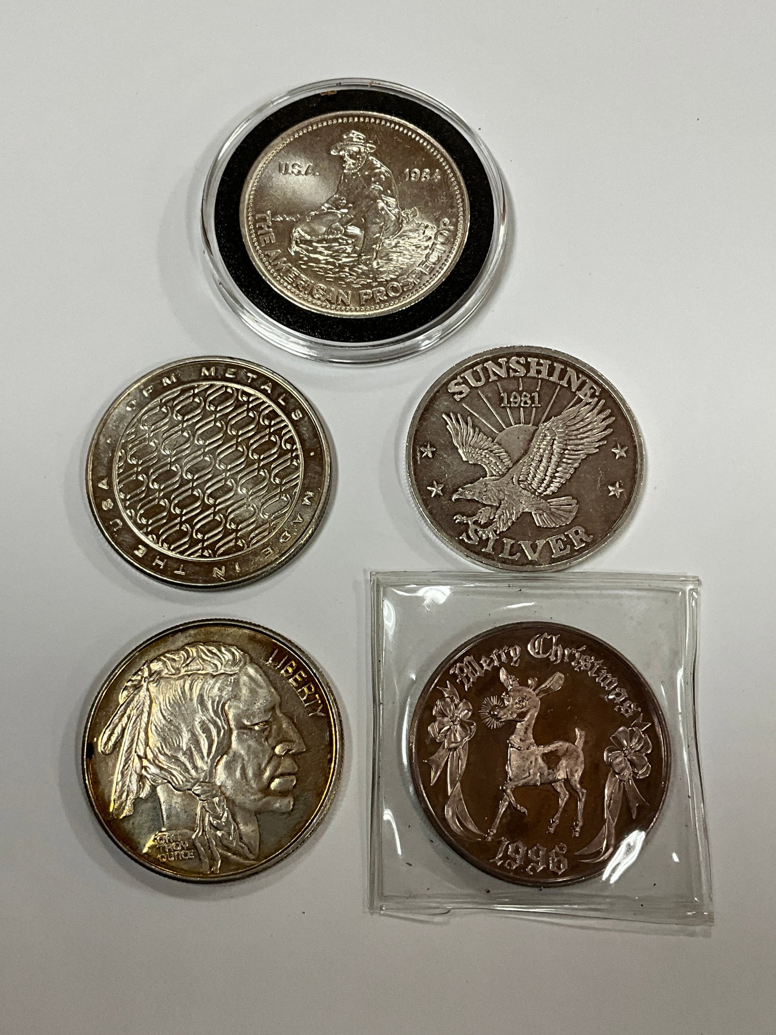 LOT OF 5 .999 SILVER ROUNDS: ONE OZ. ROUNDS