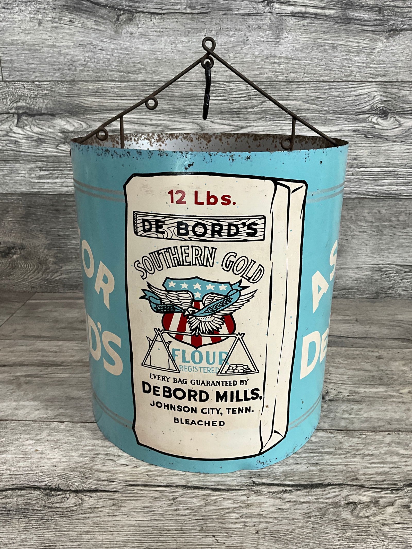 RARE! ANTIQUE GENERAL STORE DE BORD'S FLOUR TWINE HOLDER: GREAT LOCAL ADVERTISING PIECE FROM DE BORD MILLS, JOHNSON CITY, TN. 11 1/4"