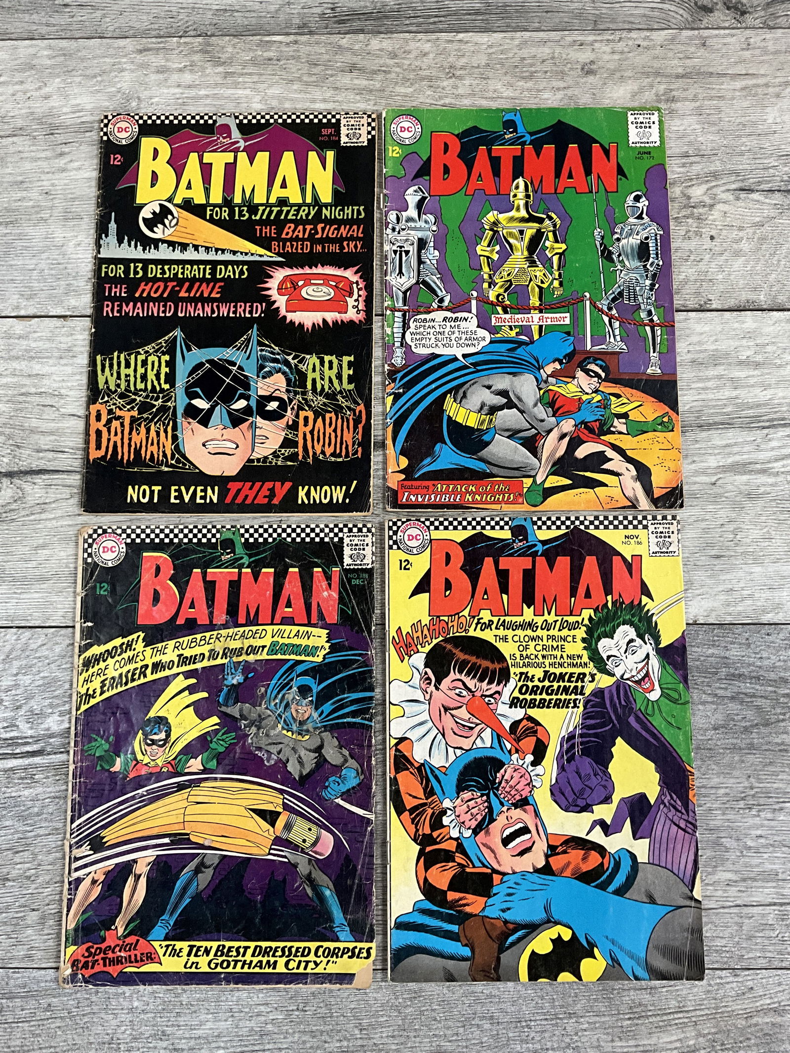 Four issues of Batman, #'s 186, 188, 172, and 184.  DC comics (1 of 2)