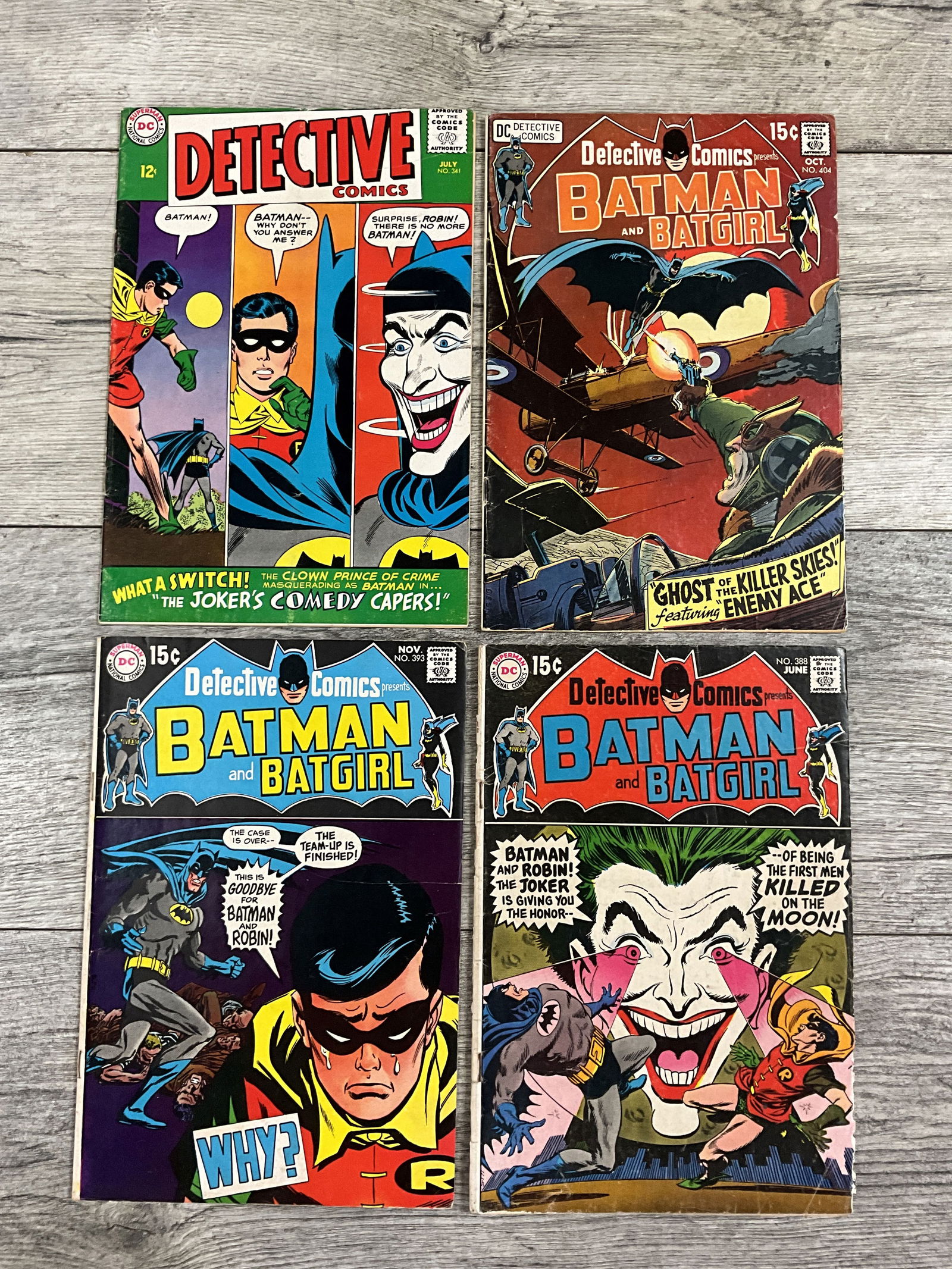 Four issues of Detective Comics, #'s 341, 404, 388, 393.  DC comics (1 of 2)