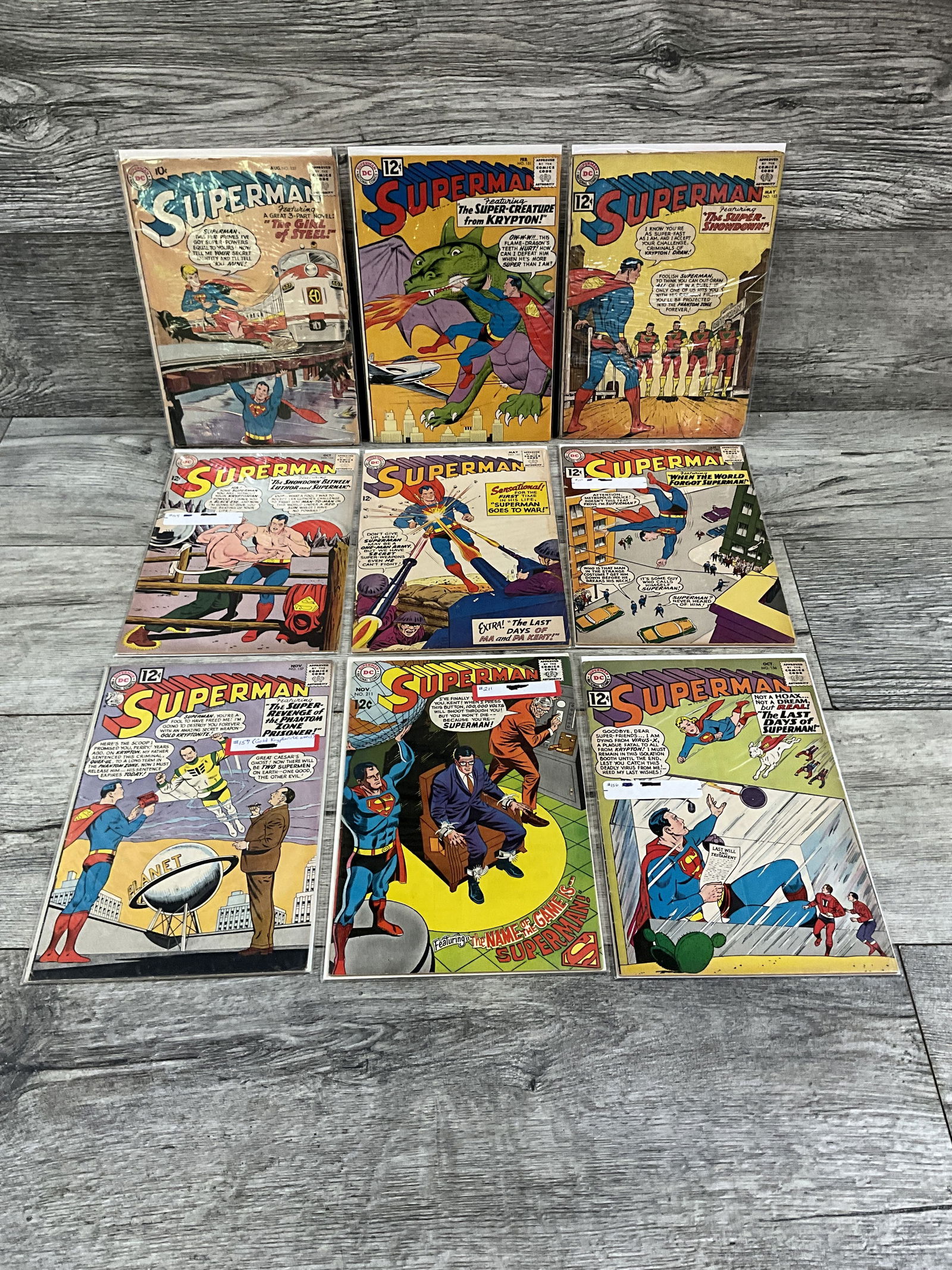 Nine issues of 12 cent Superman comics.  DC comics (1 of 3)