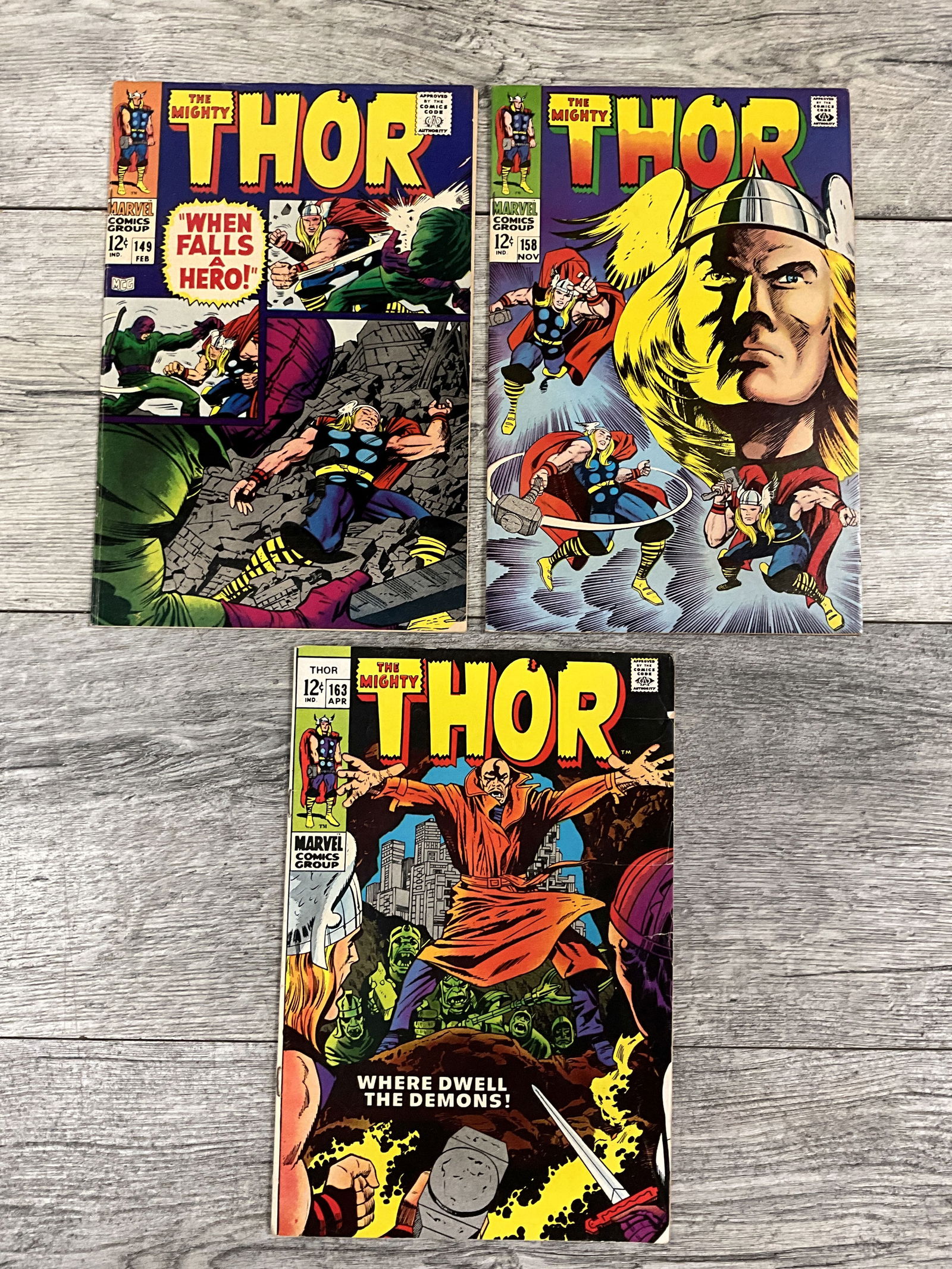 Three issues of The Mighty Thor, #'s 149, 158, and 163.  Twelve cent Marvel comics (1 of 2)