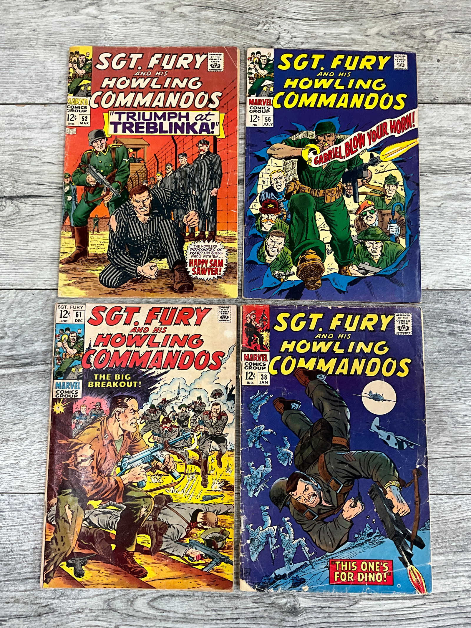 Four issues of Sargent Fury and his Howling Commandos, #'s 38, 52, 56, and 61,  Twelve cent Marvel (1 of 2)