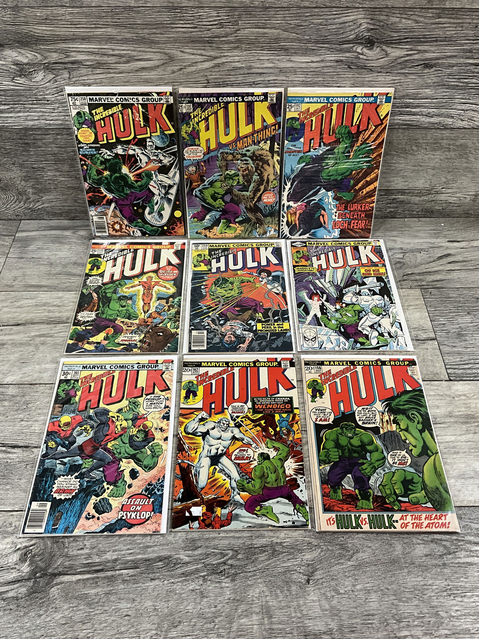 Nine issues of the Incredible Hulk, #'s 156, 162, 178, 192, 197, 203, 249, 250, and 256.  Marvel (1 of 2)