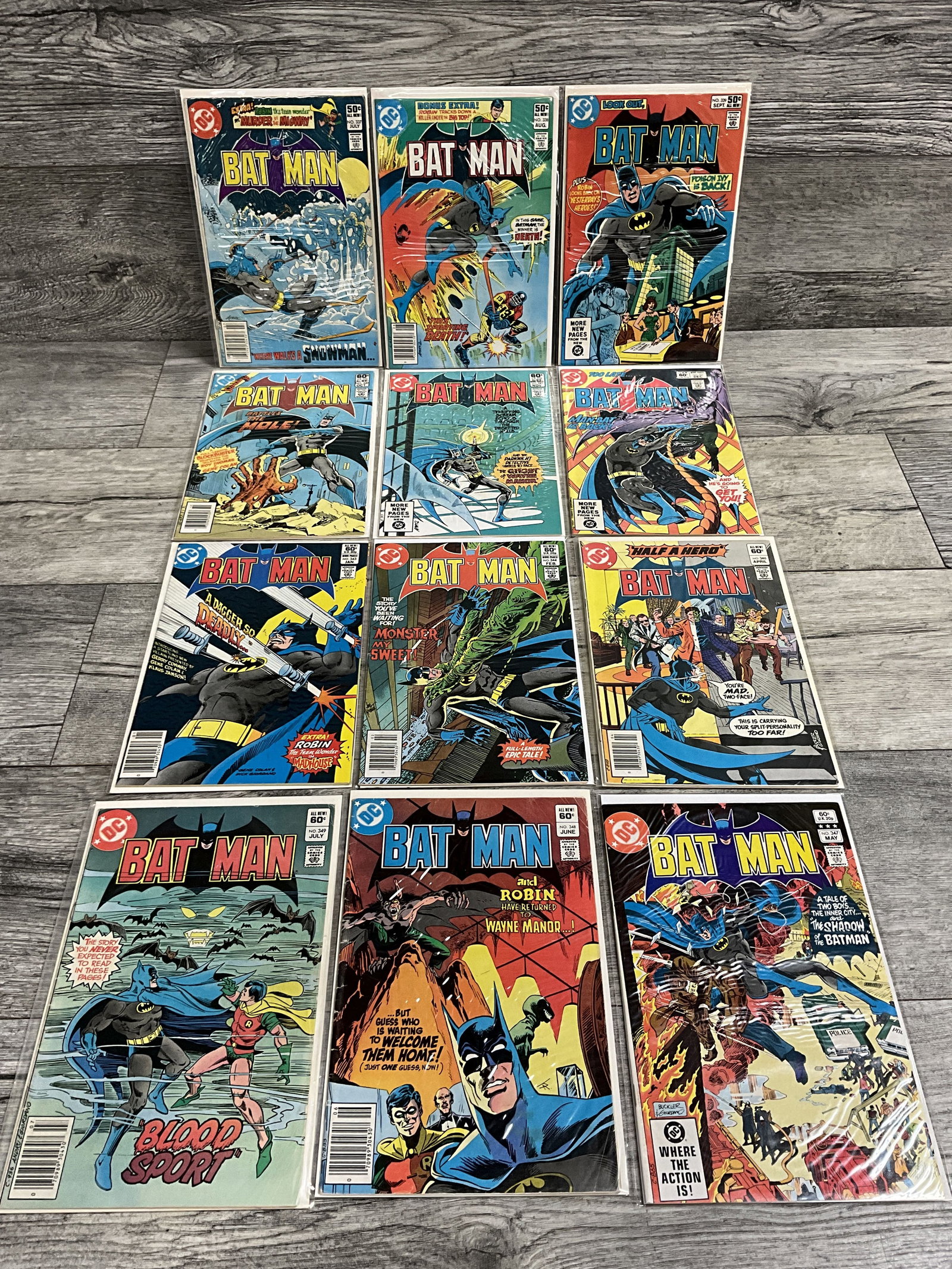 Twelve issues of Bat Man, #'s 337, 338, 339, 340, 341, 342, 343, 344, 346, 347, 348, and 349. DC: Twelve issues of Bat Man, #'s 337, 338, 339, 340, 341, 342, 343, 344, 346, 347, 348, and 349. DC comics