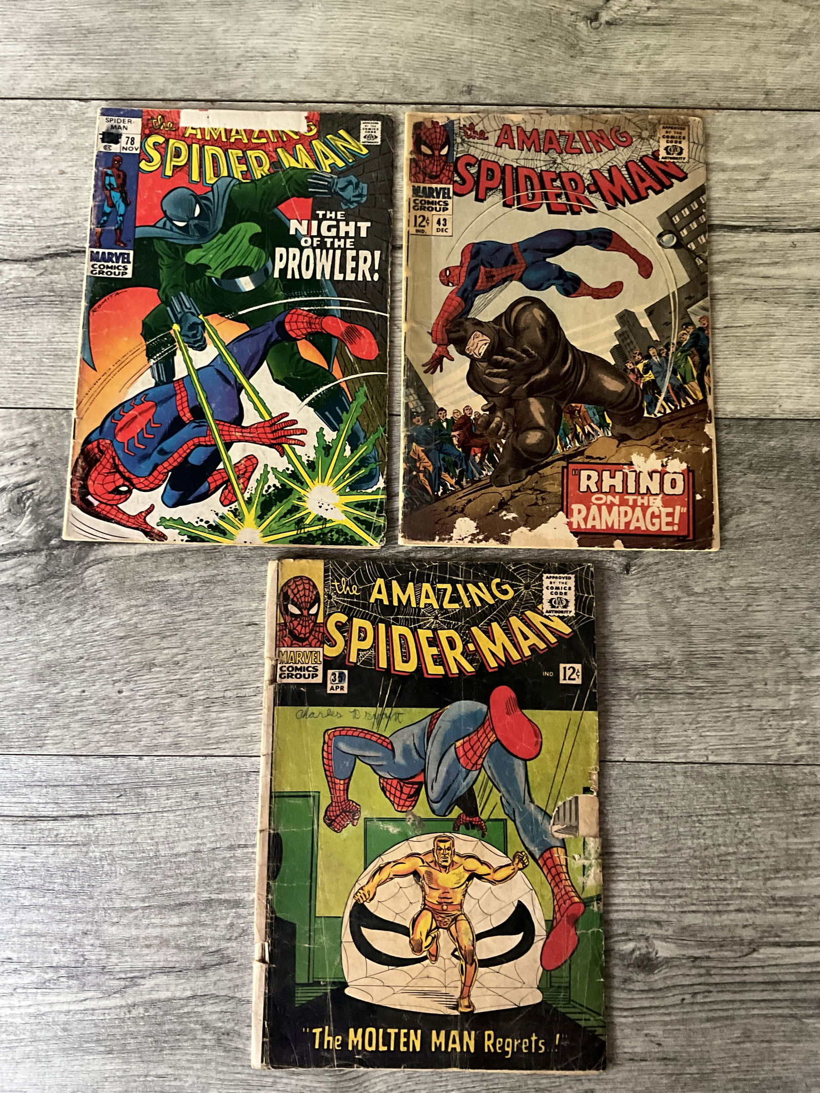 Three issues of The Amazing Spiderman, #'s 35, 43, and 78.  Marvel Comics (1 of 2)