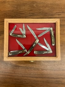 Lot of 5 Marbles Ram Horn Pocket Knives In Oak Display Case