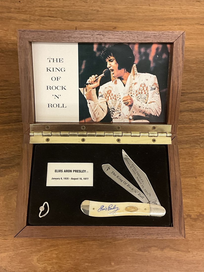Case XX Elvis Presley King Of Rock-N-Roll Knife: W240 stockman #214. Has a walnut presentation case in new condition. Love Me Tender music box "not working"