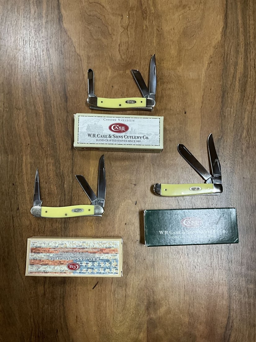 Lot of Three Case XX Knives: One 3207 Yellow Trapper, One 3318 Yellow Stockman, One 3318 Yellow Stockman. All boxed, like new condition.