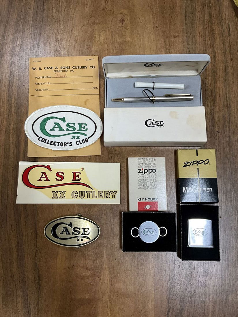 Lot of Case XX Collector Items: Belt buckle, Key holder, Pen, Sticker, and Patch. Very good condition