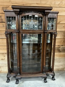 Monumental Tiger Oak Leaded and Curved Glass China Cabinet