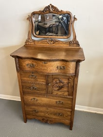 Exceptional Tiger Oak Highboy Chest With Mirror