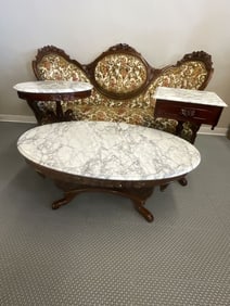 Carlton McLendon Victorian Rose Back Sofa and Three Marble Top Tables