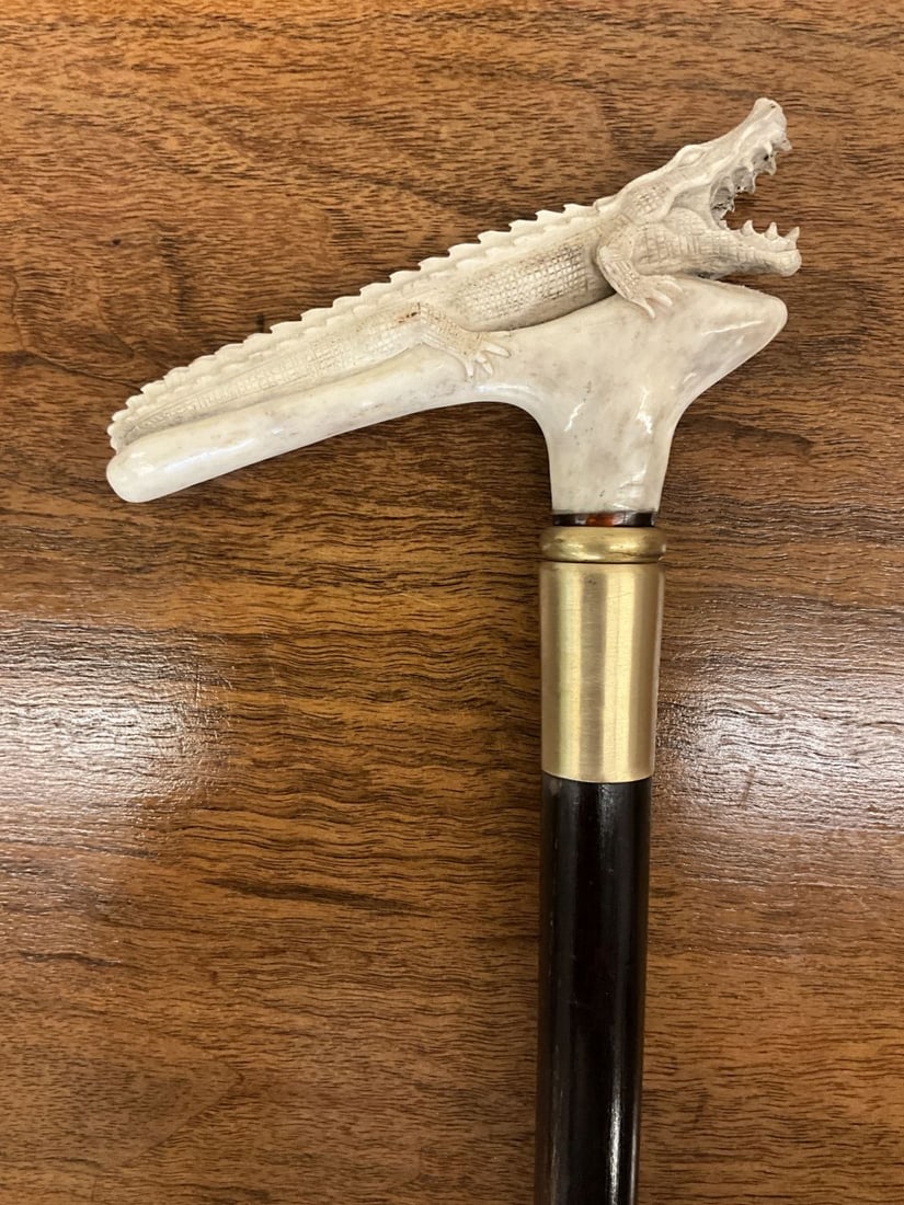Hand Carved Bone Alligator Cane: Fine detailed carving. Excellent Condition