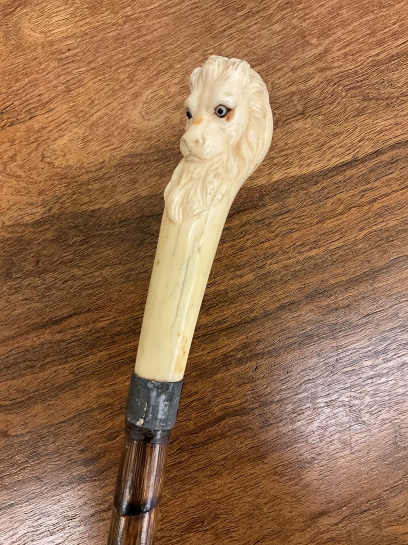 Hand Carved Bone Lion Head Walking Stick: Fine detailed carving. Excellent Condition