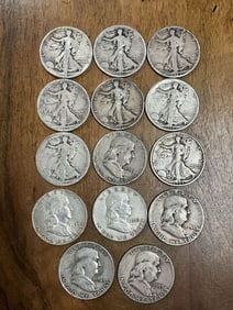 Lot of 14 Walking Liberty and Franklin Half Dollars