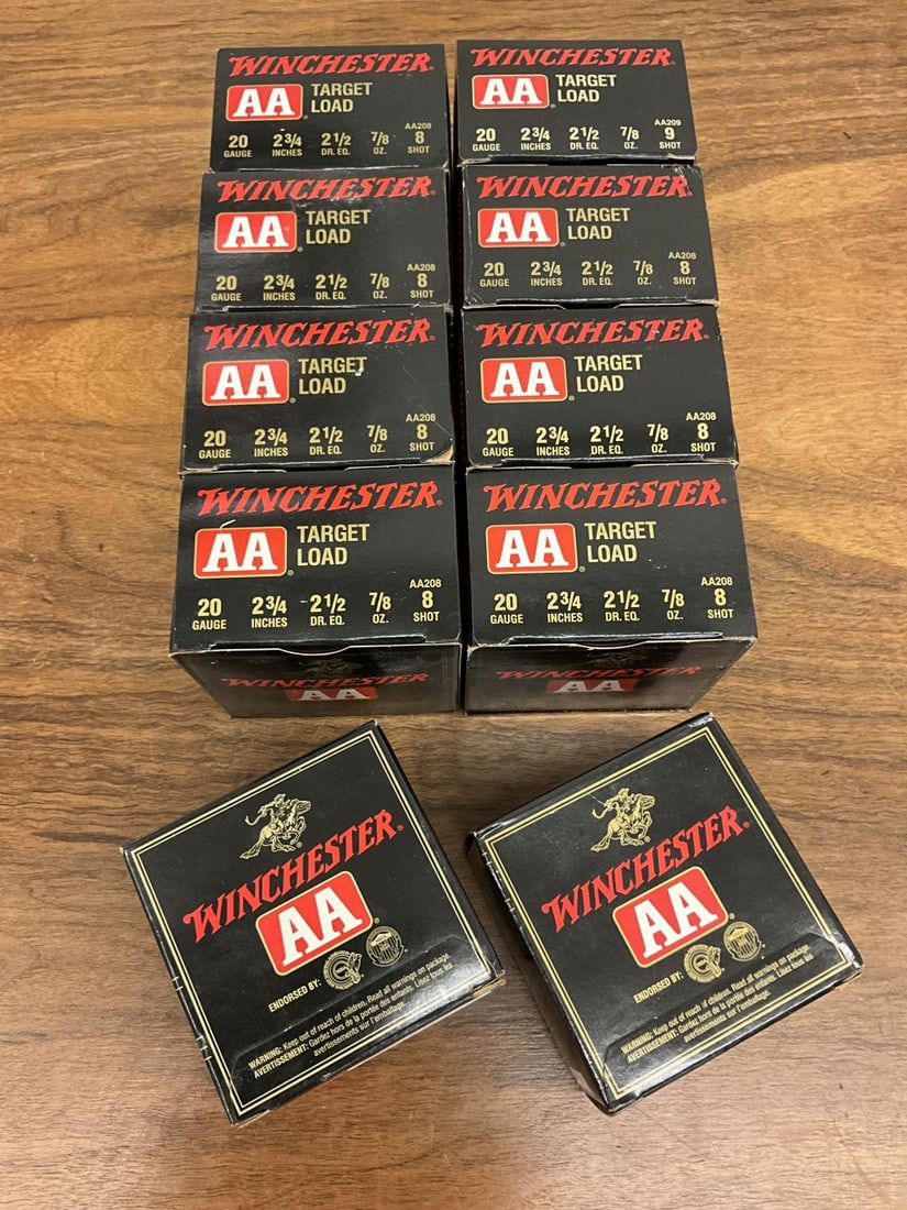 Winchester AA 20-ga Target Loads: 10 boxes, 250 shells. 2 3/4", 2 1/2 Dr. EQ. 7/8 oz