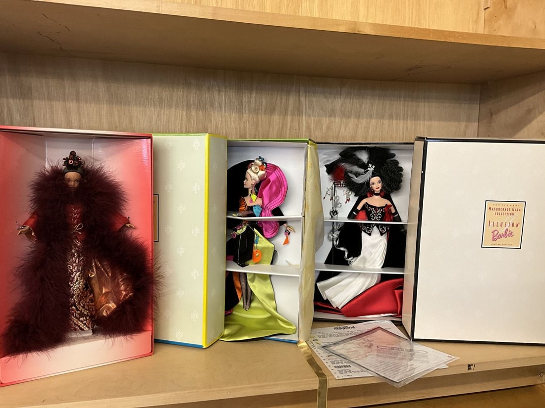 Lot of Three Barbies: 2 Masquerade Rendezvous Barbies, and 1 Cinnabar Sensation Barbie. In original boxes