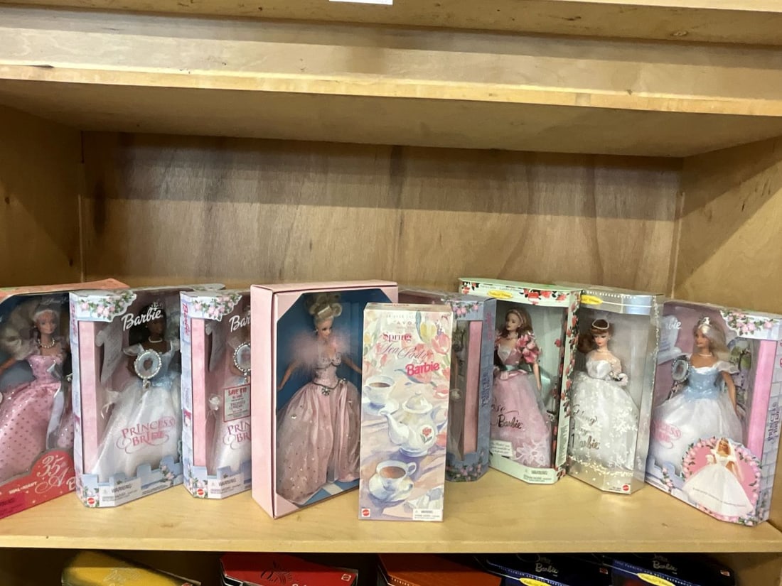 Lot of Nine Barbies: Princess Bride Wedding Day, Tea Party, Rose Barbie, Pink Ice, and more