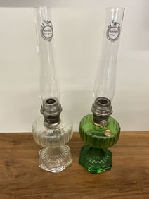 Aladdin Corinthian Green Model A and Clear Model B Oil lamps