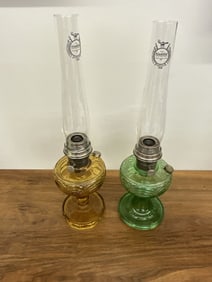 Aladdin Green Washington Drape Model B and Amber Model B Oil Lamps