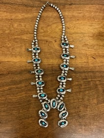 Vintage 1970's Sterling Silver and Turquoise Squash Blossom Necklace