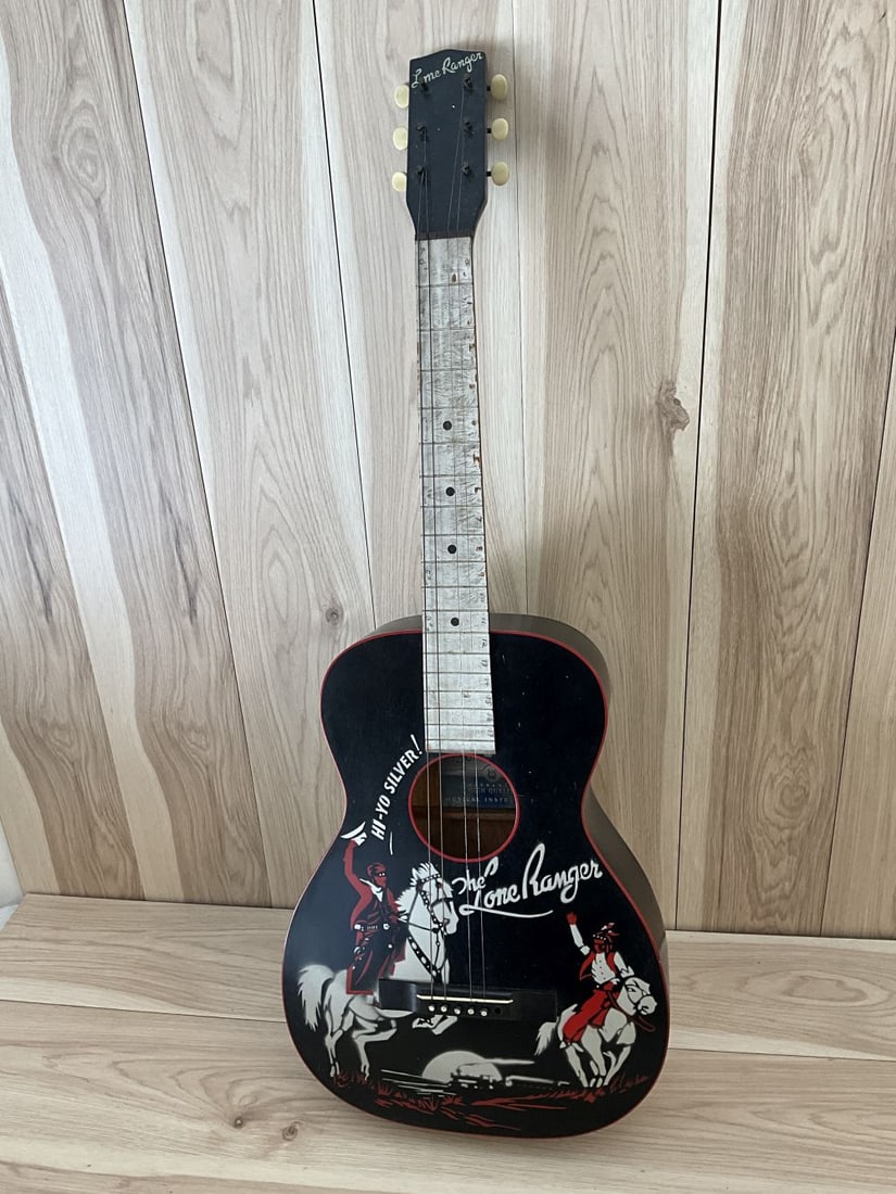 1937 Lone Ranger Hi-Yo Silver Supertone Parlor Guitar: Overall very good condition. Frets have been numbered, missing string pin
