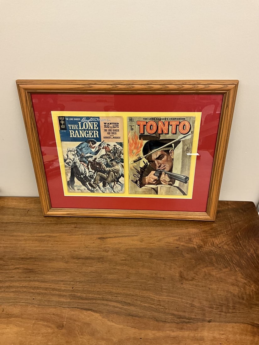 Framed and Autographed The Lone Ranger Comic Books: The Lone Ranger Goldkey #2 Signed by Clayton Moore. Dell Tonto Comic #3 signed by Jay Silverhills. 23"w x 17.75"