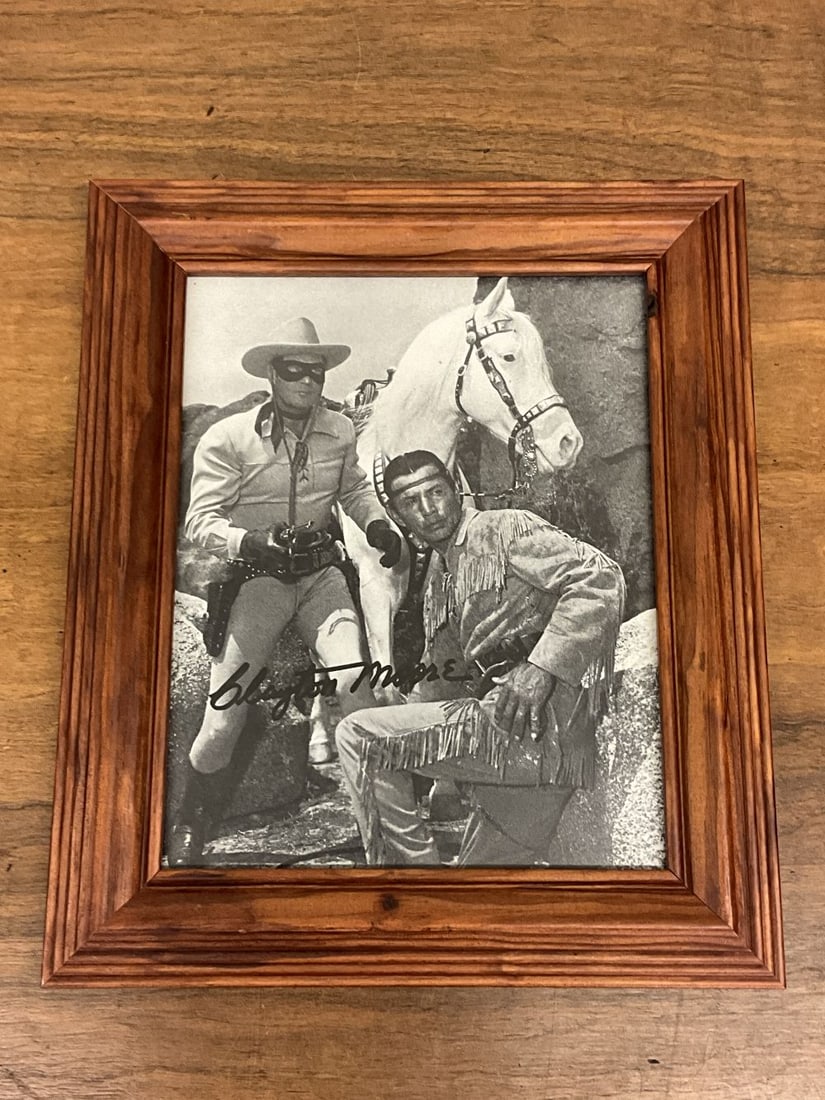 Original , Autographed And Framed Photo of Clayton Moore: Lone Ranger, Tonto, and Silver. Framed size 11" x 13"