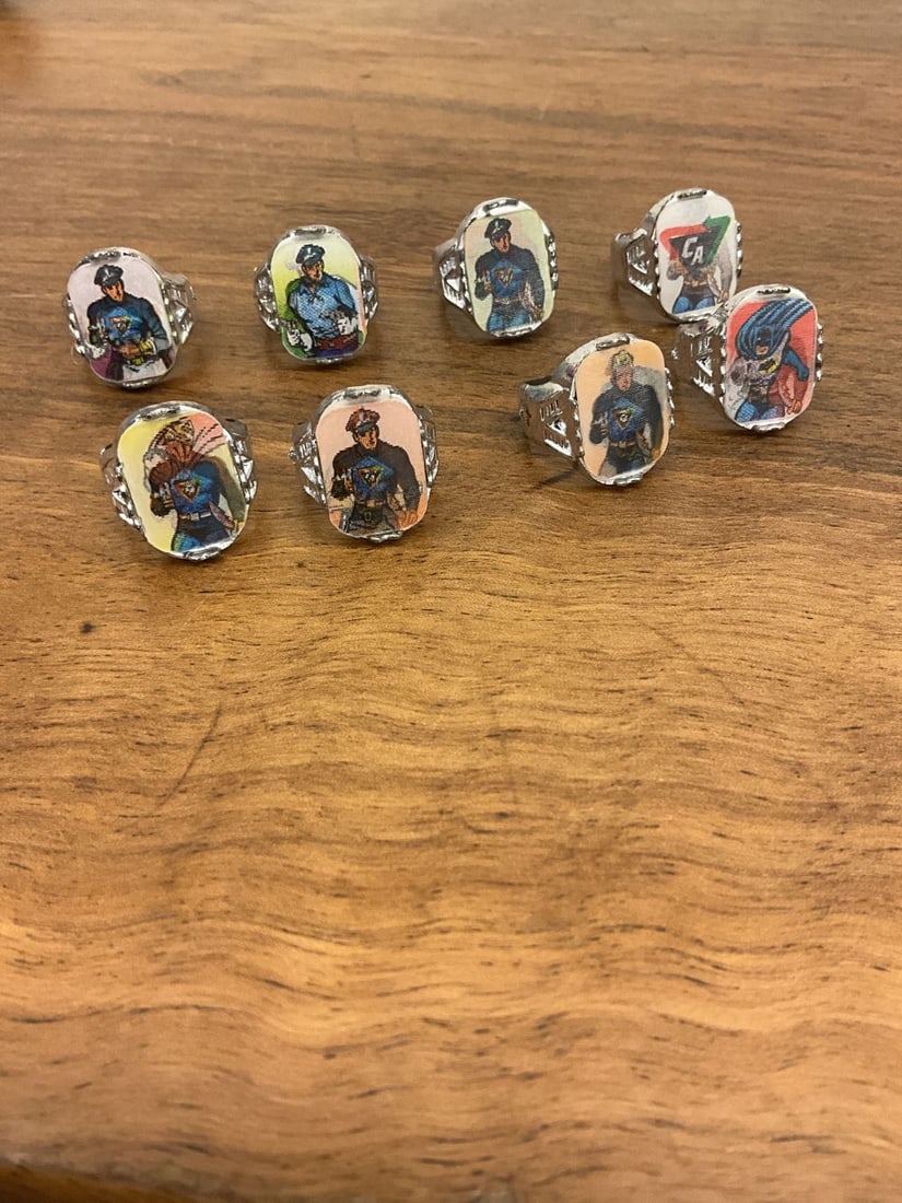 Lot of 8 Vintage Vari-View Rings: Superman, Lone Ranger, Batman, Tonto, Captain America