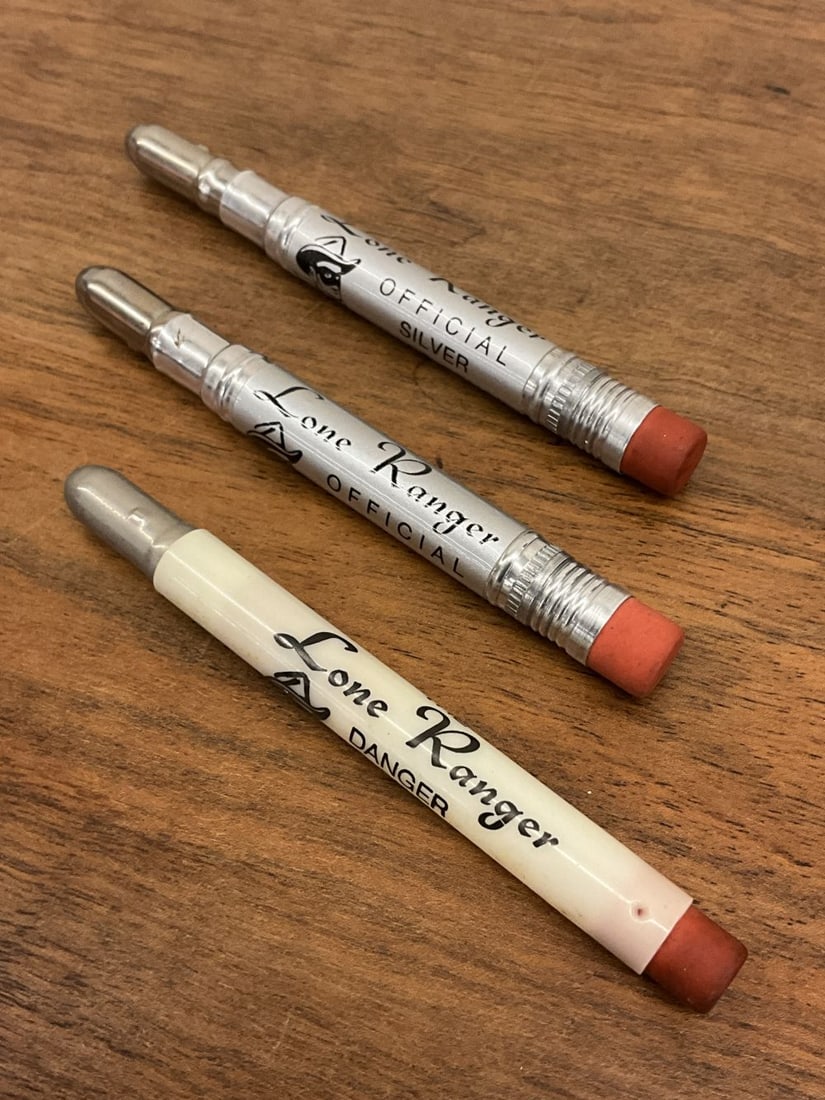 Lot of 3 Vintage Lone Ranger Bullet Pencils: Danger Signal and Silver Bullet pencils