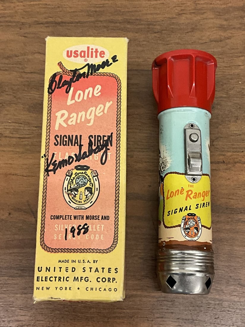 Signed Clayton Moore and Kemosabe Usalite Lone Ranger Signal Siren Flashlight: Signed, dated and in box. Made by United States Electric Mfg.