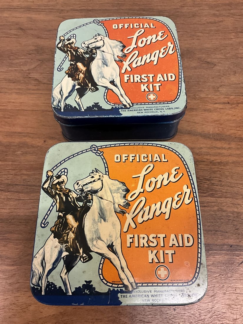 Lot Of 2 Official Lone Ranger First Aid Kit Tins: Mfg. by The American White Cross Labs