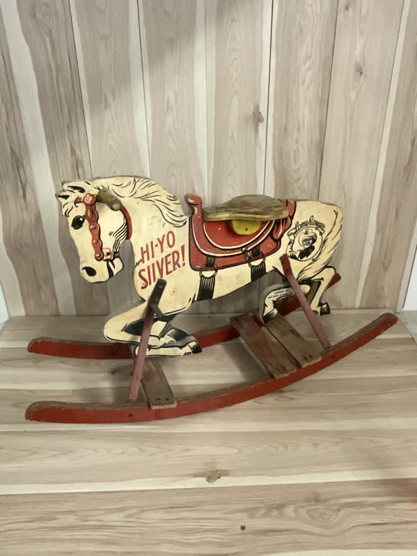 Lone Ranger and Tonto Hi-Yo Silver Wooden Rocking Horse: 35" long x 10.5" wide x 20" tall. Made by Mengel Playthings- copyright 1939. In very good condition. Lone Ranger on Left side and Tonto on the right.