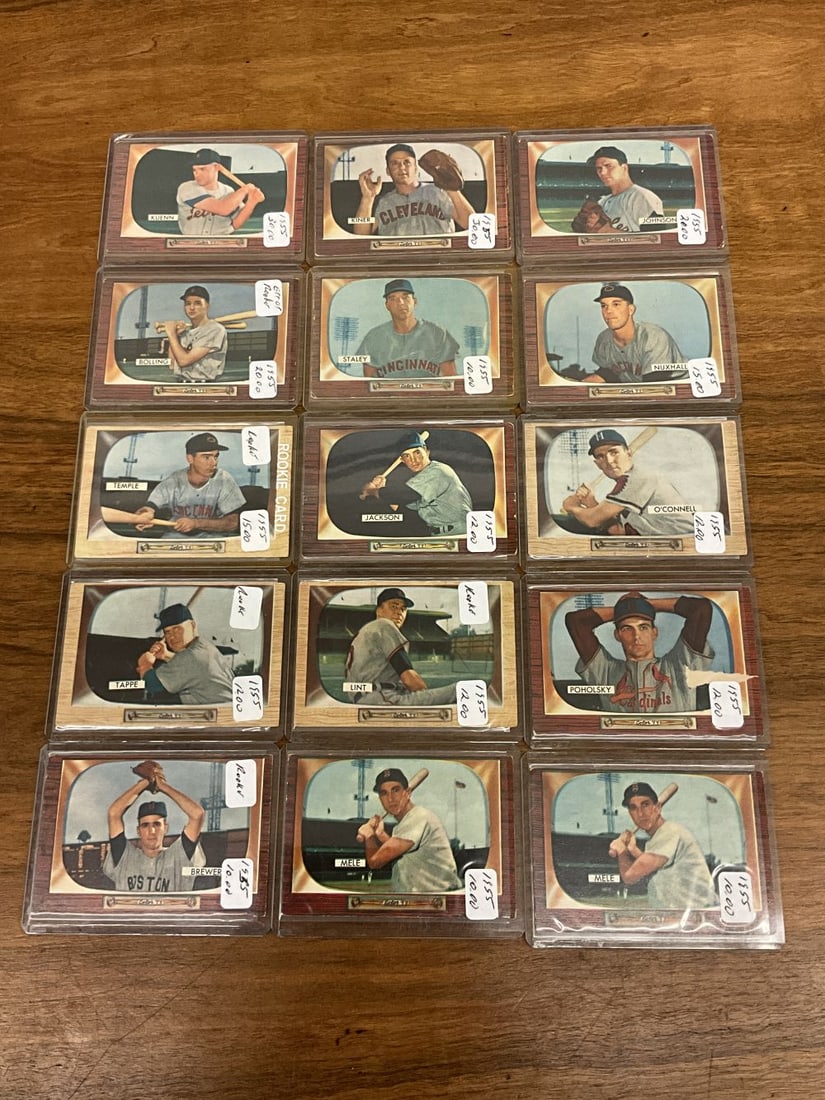 Lot of Fifteen 1955 Topps Ball Cards: # 31, 44, 51, 62, 76, 87, 132, 2 x 147, 155, 157, 178,194, 197, 204