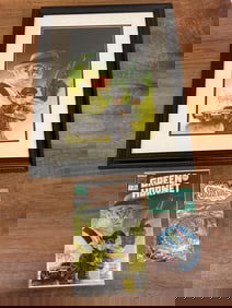 The Green Hornet Strikes Signed Print With Action Comic Book and Vintage Green Hornet Button