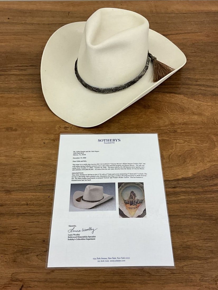 Clayton Moore's' Lone Ranger White Stetson Cowboy Hat: Comes with COA from Sotheby's sale of his personal property on 10/17-30/2000. 5x Beaver Stetson with braided horse hair hat band.