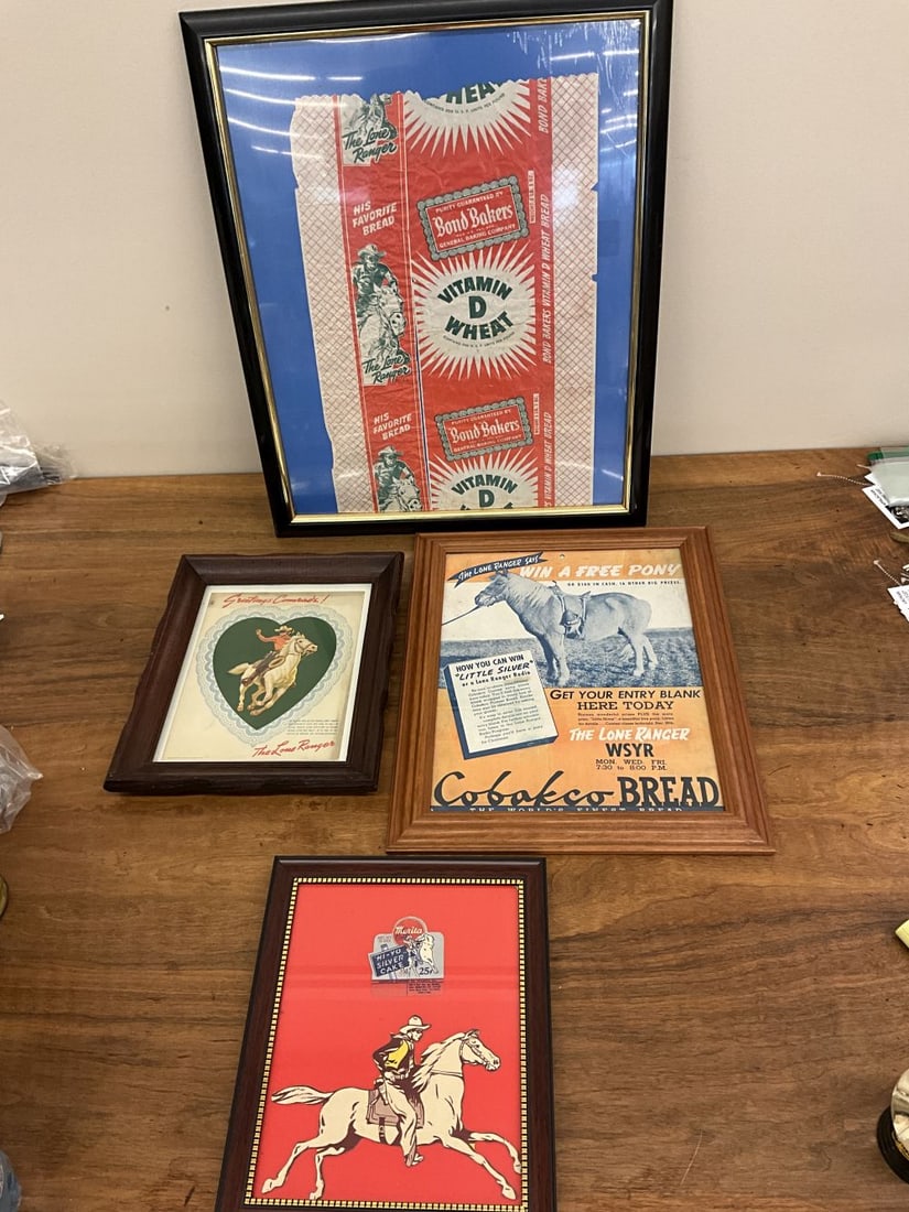 Lot of 4 Vintage Framed Lone Ranger Advertising: Bond Bakers, Merita, Cobakco, Lone Ranger Victory Corps Valentine