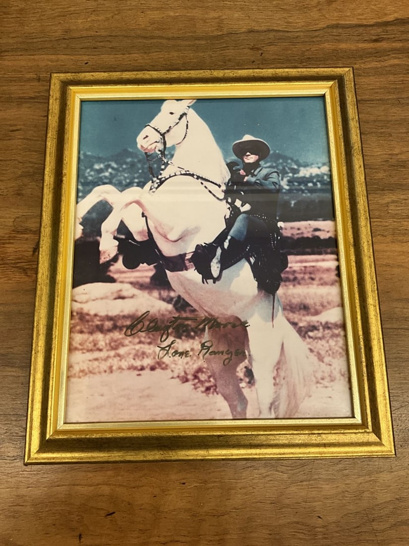 Clayton Moore/Lone Ranger Autographed Photo: Promotional photo of Lone Ranger on Rearing Silver