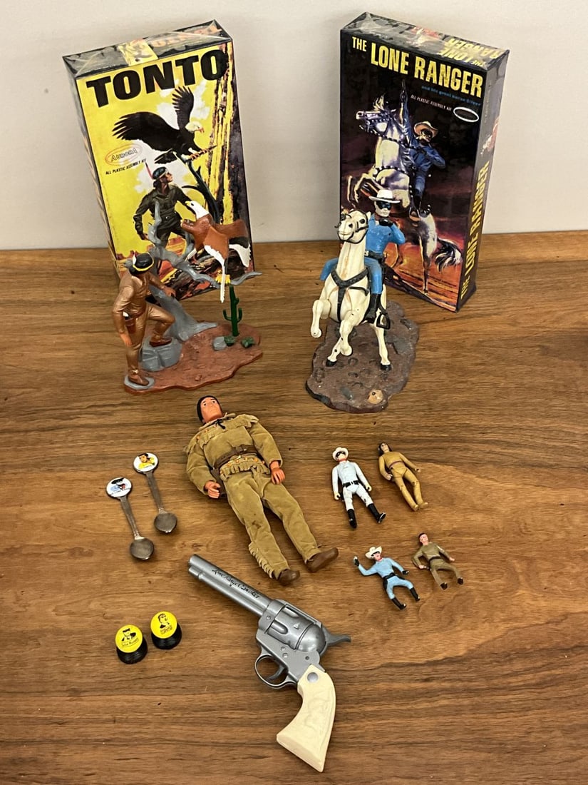 Vintage Lone Ranger Toy and Collector Items: models (have some damage), figurines, The Lone Ranger "smoker" plastic cap gun, collector spoons, character marbles
