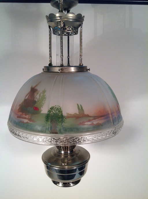 Aladdin Hanging Oil Lamp w/Reverse Painted Glass Shade