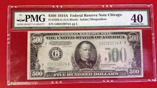 1934 Chicago $500 Note PMG 40: 1934 Chicago $500 Note – Graded PMG 40 – Extremely Fine. “Fr #2202-G (GA Block) Julian/Morgenthau S/N G00310074A pp L”