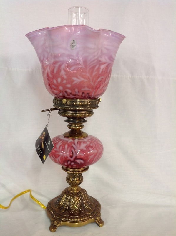 Fenton Cranberry with Daisy in Fern Pattern Hurricane (1 of 4)