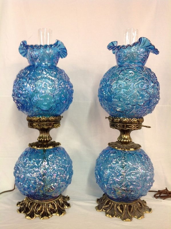 Pair Of Fenton Ice Blue Poppy Iridescent Hurricane Lamp