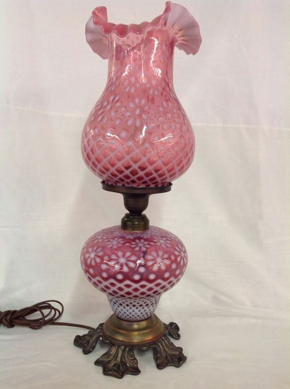 Fenton Cranberry Lattice and Daisy Hurricane Lamp (1 of 4)