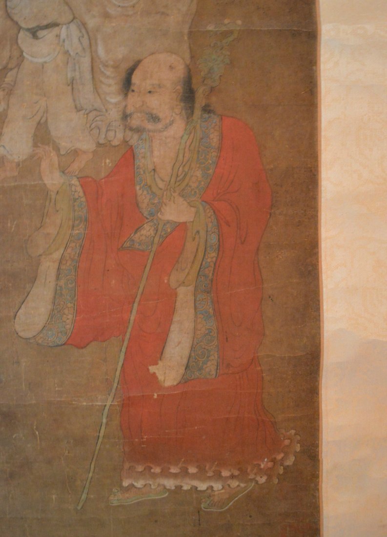 An Important Chan Buddhist Scroll Painting of Da Mo: Pu Ti Da Mo and his two attendants washing the white elephant. Da Mo, the Indian Prince who gave up his royal position, traveled to China circa 600 AD taking residence at the Shao Lin Temple in Henan,