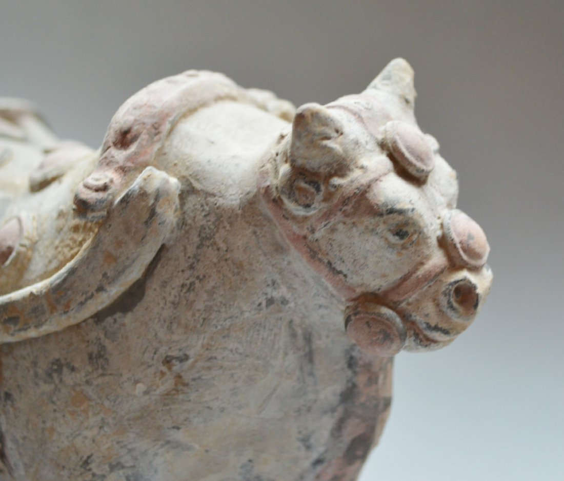Han Dynasty Cattle Cart: Paint remains on cart and bull, highly decorated bull pulling traditional cart. 20 inches long.